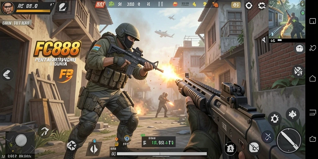 Tangkapan layar FC888 menampilkan aksi gameplay FPS yang mendebarkan.