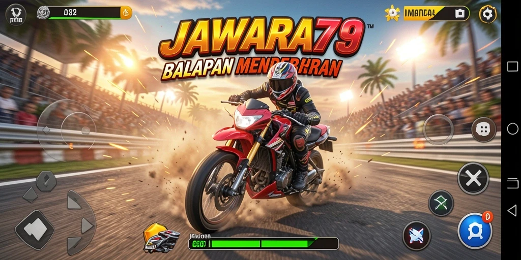 Gameplay JAWARA79 dengan balapan motor yang seru dan menantang.