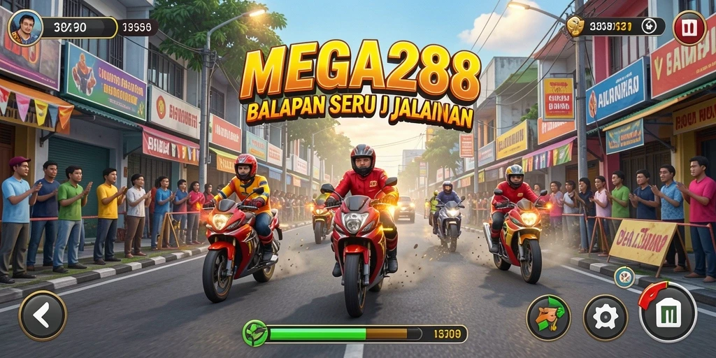 Gameplay balapan seru di MEGA288 dengan kendaraan beragam.