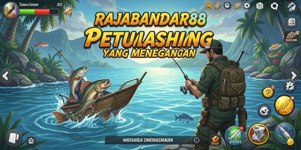 Tampilan gameplay RAJABANDAR88 saat menangkap ikan di lokasi eksotis.