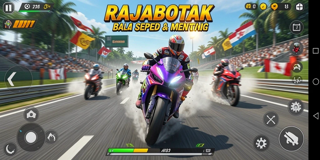 Tampilan gameplay seru RAJABOTAK dalam balapan motor.
