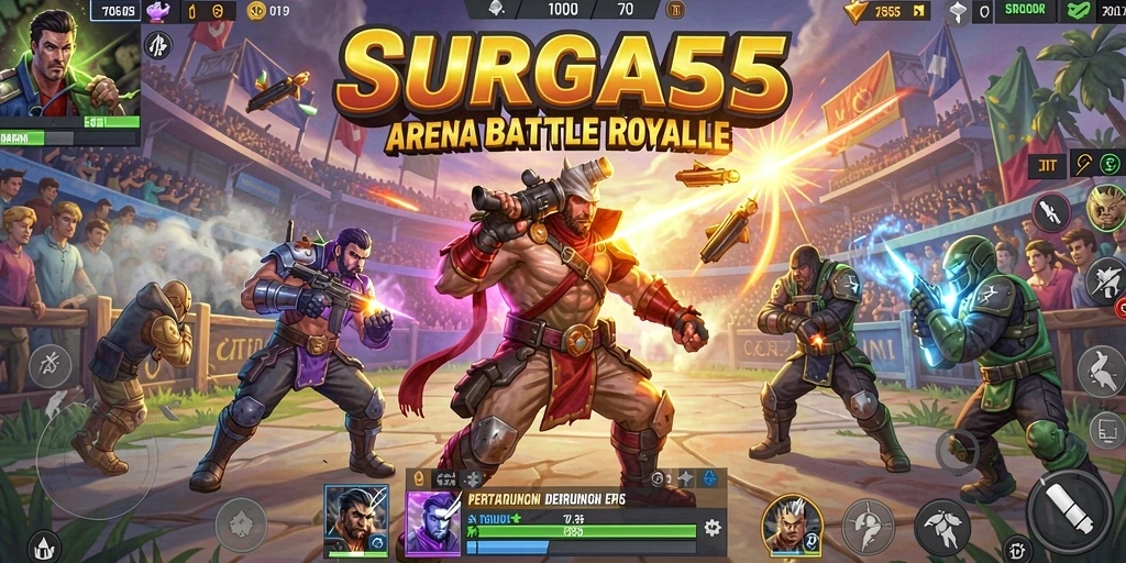 Gameplay seru dan mendebarkan di SURGA55, pertarungan Battle Royale.